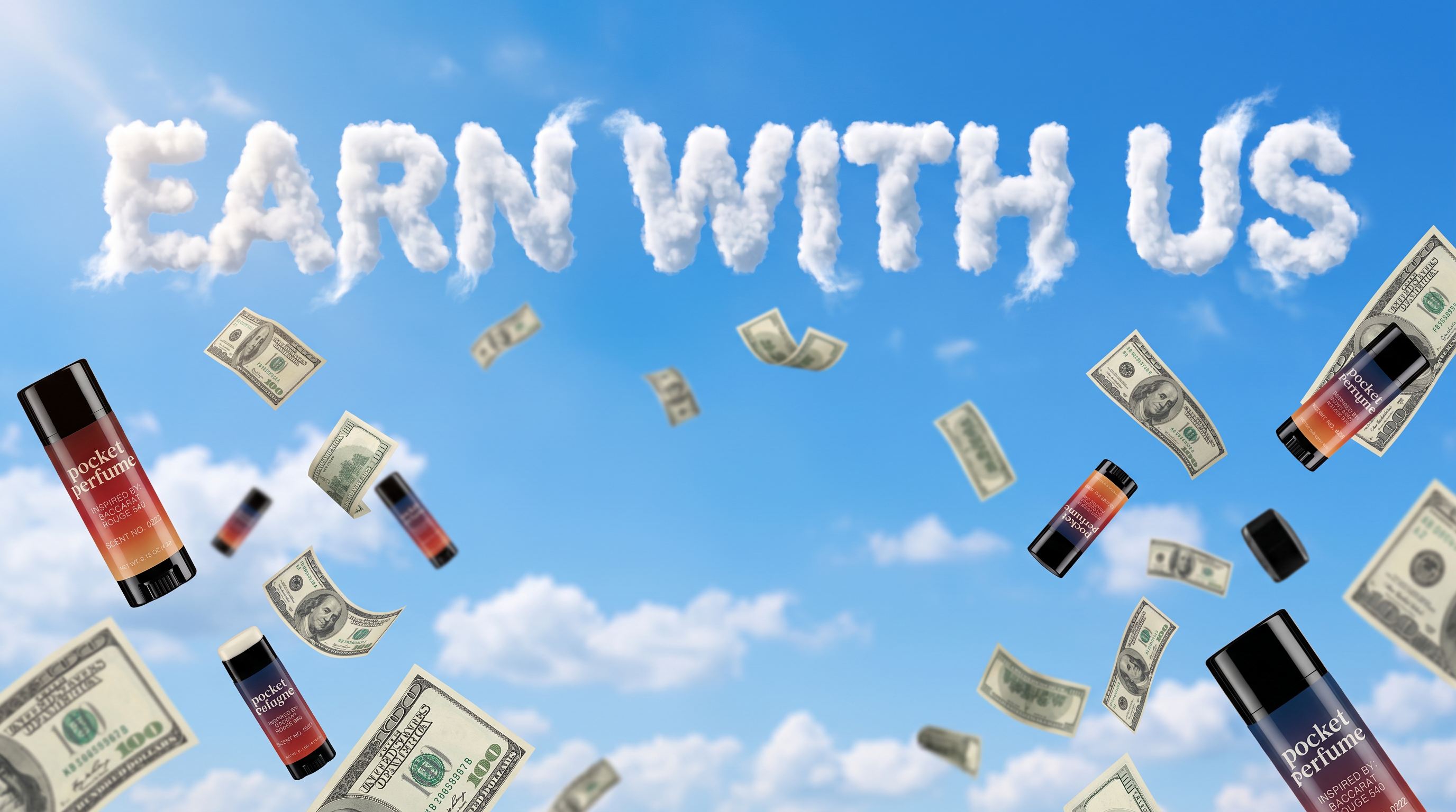 Earn with us - Pocket Cologne and Pocket Perfume sticks falling through a blue sky with hundred dollar bills