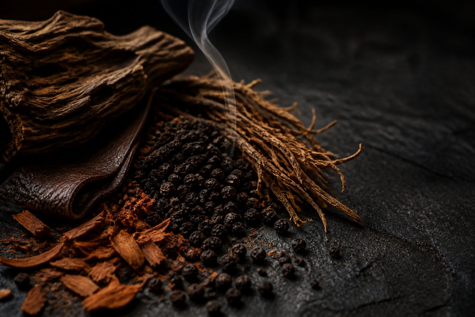 Bold fragrance family: peppercorns, cedar and bark on a mossy boulder