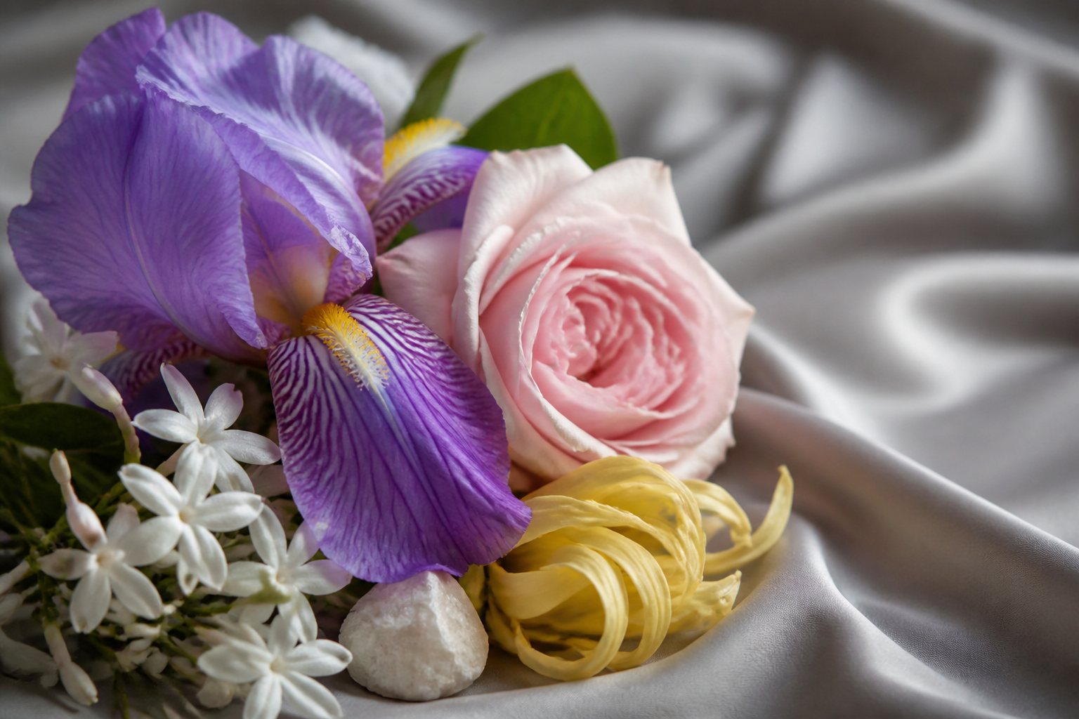 Classic fragrance family: iris, rose and jasmine on grey silk