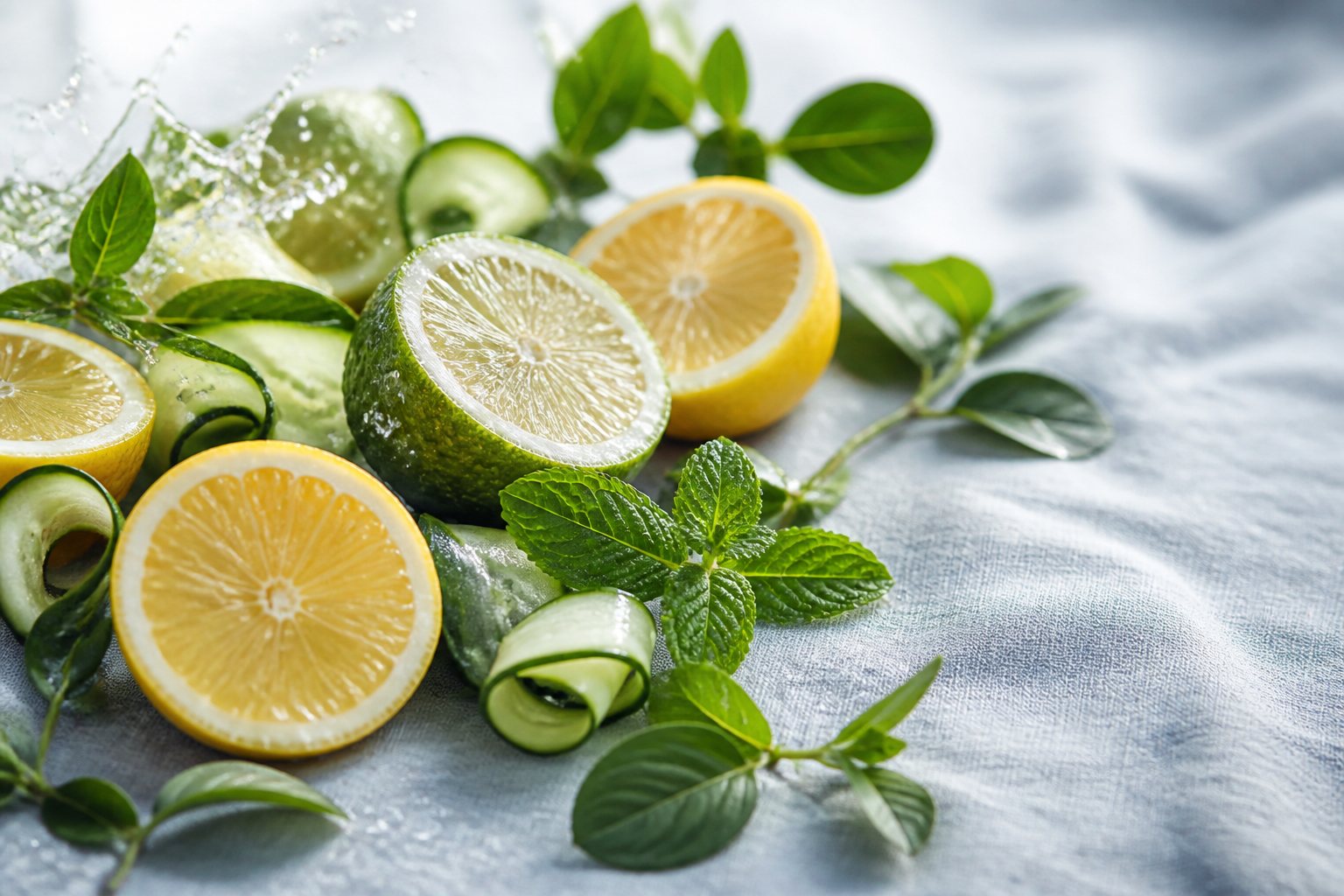 Fresh fragrance family: lemon, cucumber and mint on a river stone