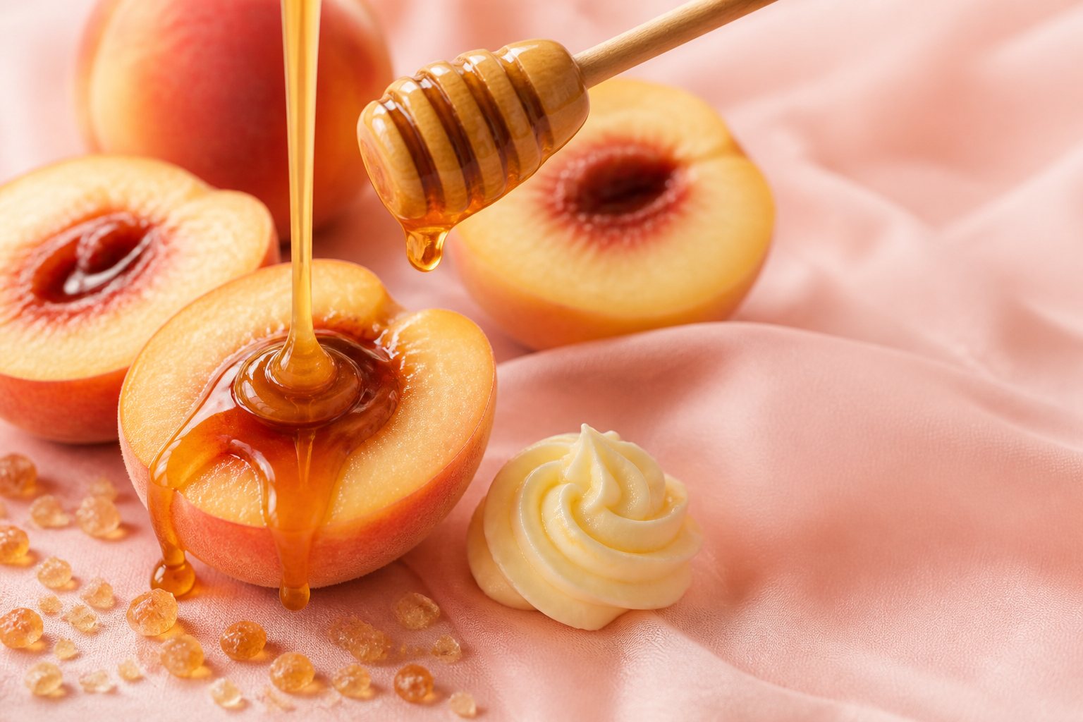Sweet fragrance family: split peach, honeycomb and sugar on a stone in an orchard