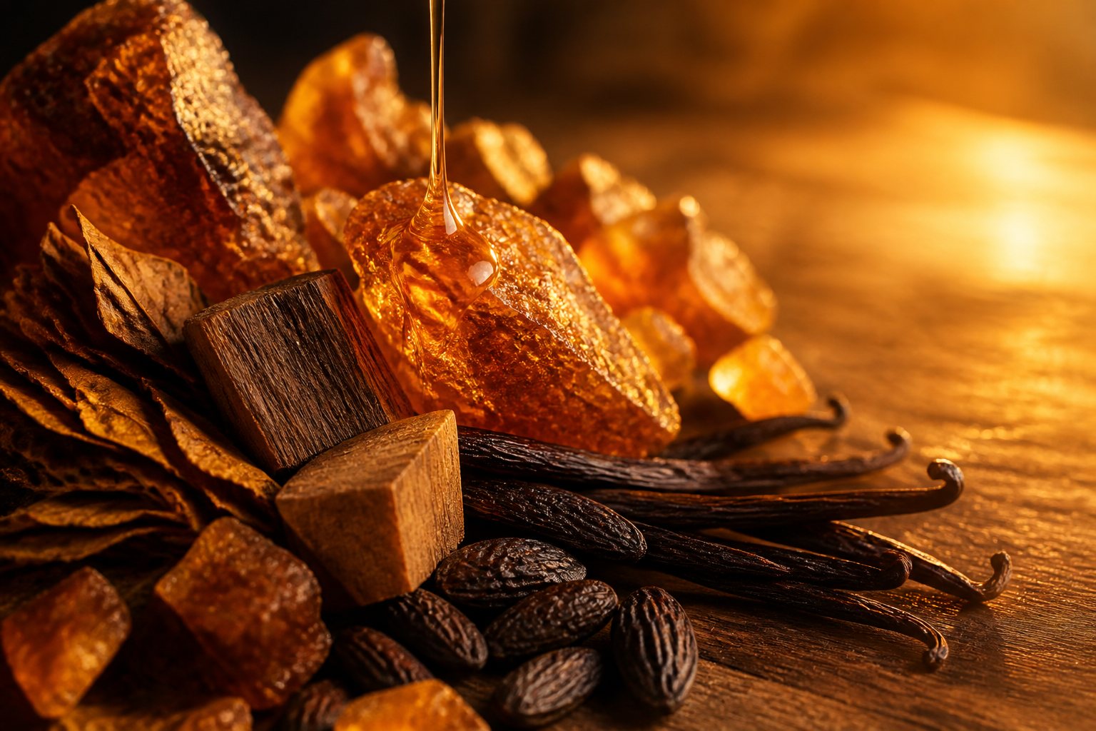 Warm fragrance family: amber resin, vanilla pods and sandalwood on desert sandstone