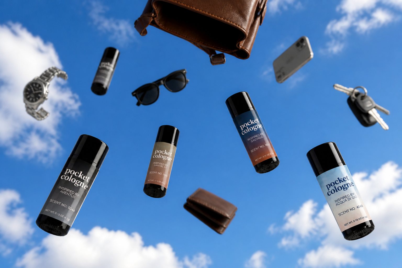 Pocket Cologne and Pocket Perfume sticks falling through a blue summer sky