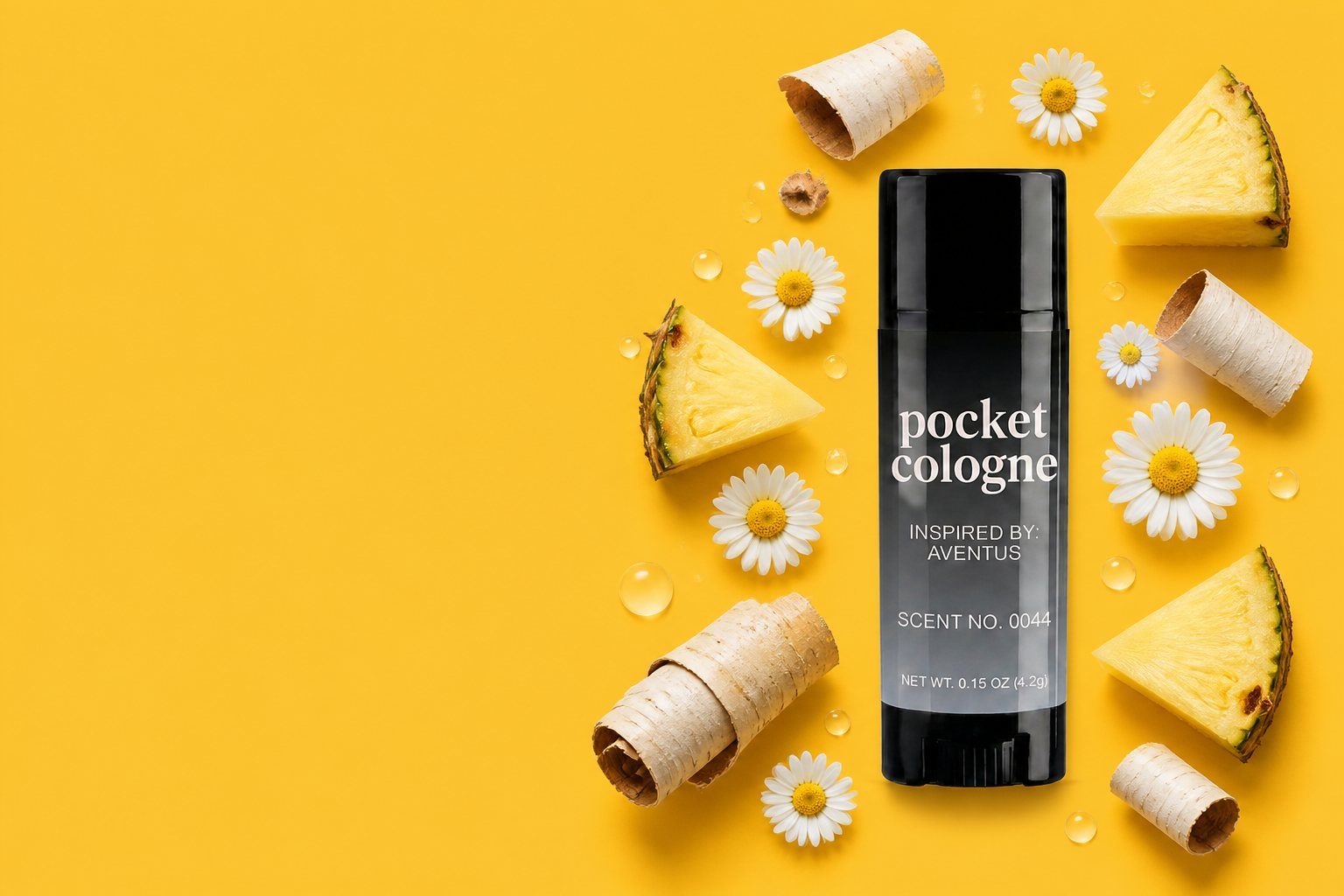 A Pocket Cologne stick on a bright yellow background, surrounded by pineapple wedges, daisies and wafer rolls