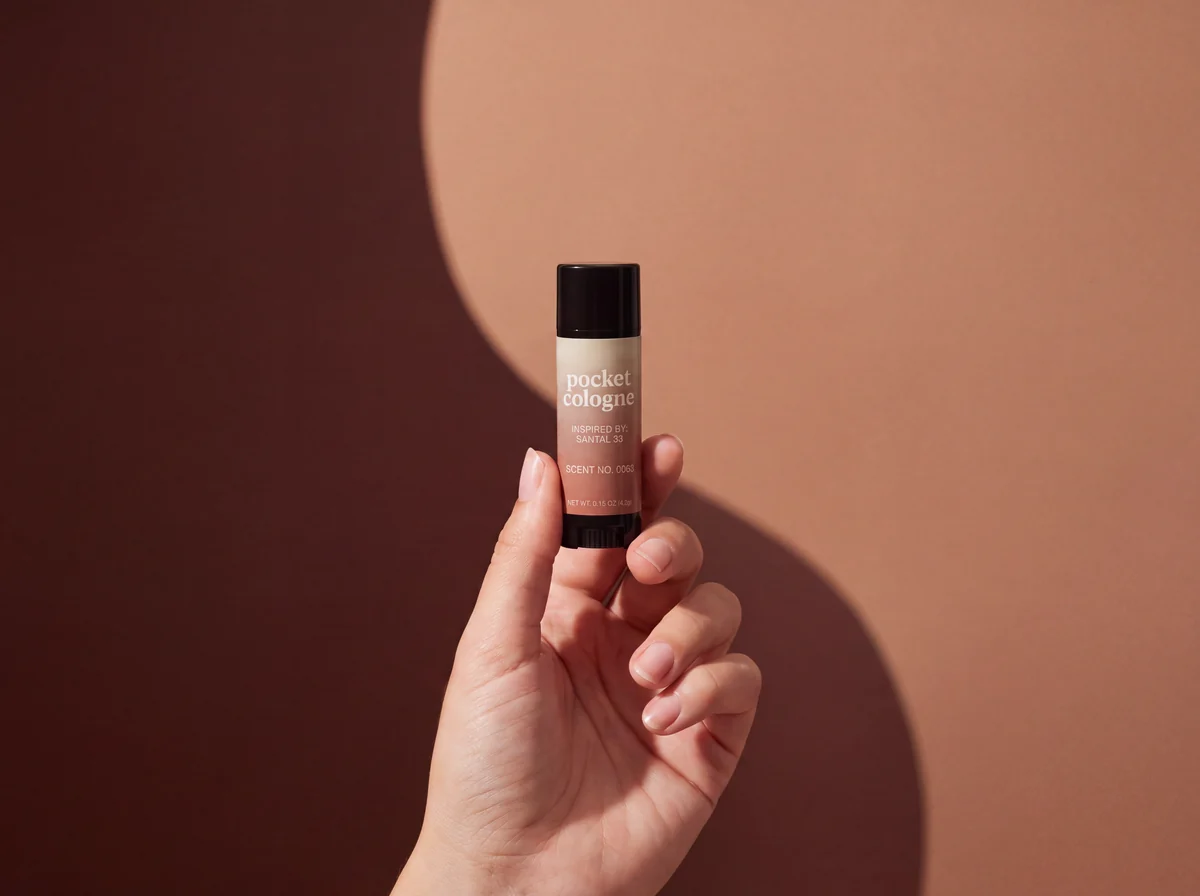 Hand holding Pocket Cologne Scent No. 0063, inspired by Santal 33