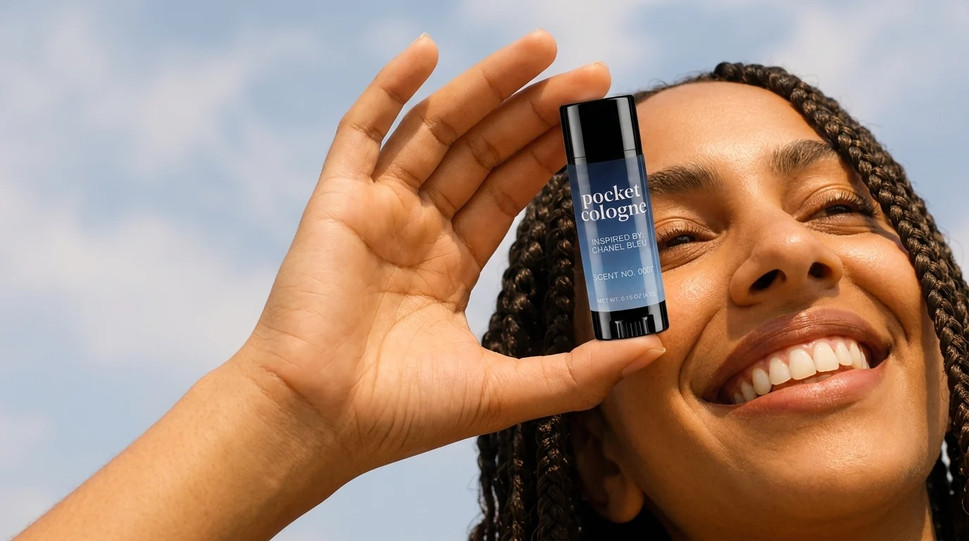 Smiling woman holding Pocket Cologne Scent No. 0007, inspired by Bleu de Chanel, against a blue sky