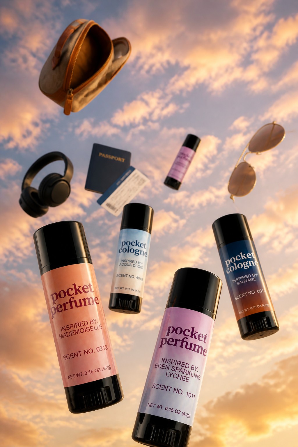 Pocket Cologne sticks falling through sunset clouds with a passport, headphones and sunglasses