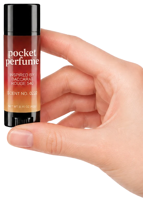 Hand holding Pocket Perfume inspired by Baccarat Rouge 540, scent no. 0222