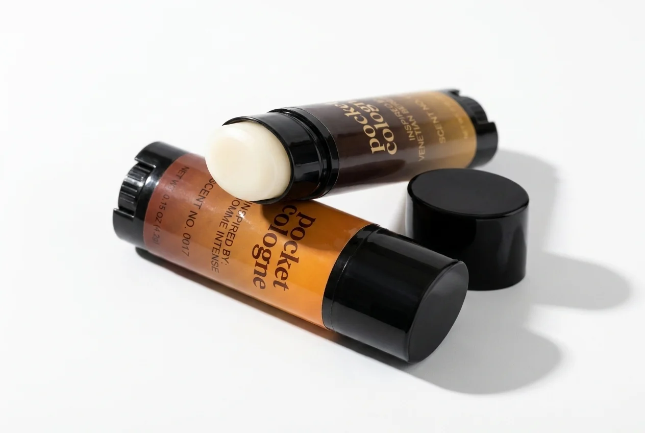 Two Pocket Cologne sticks, one open to show the solid balm