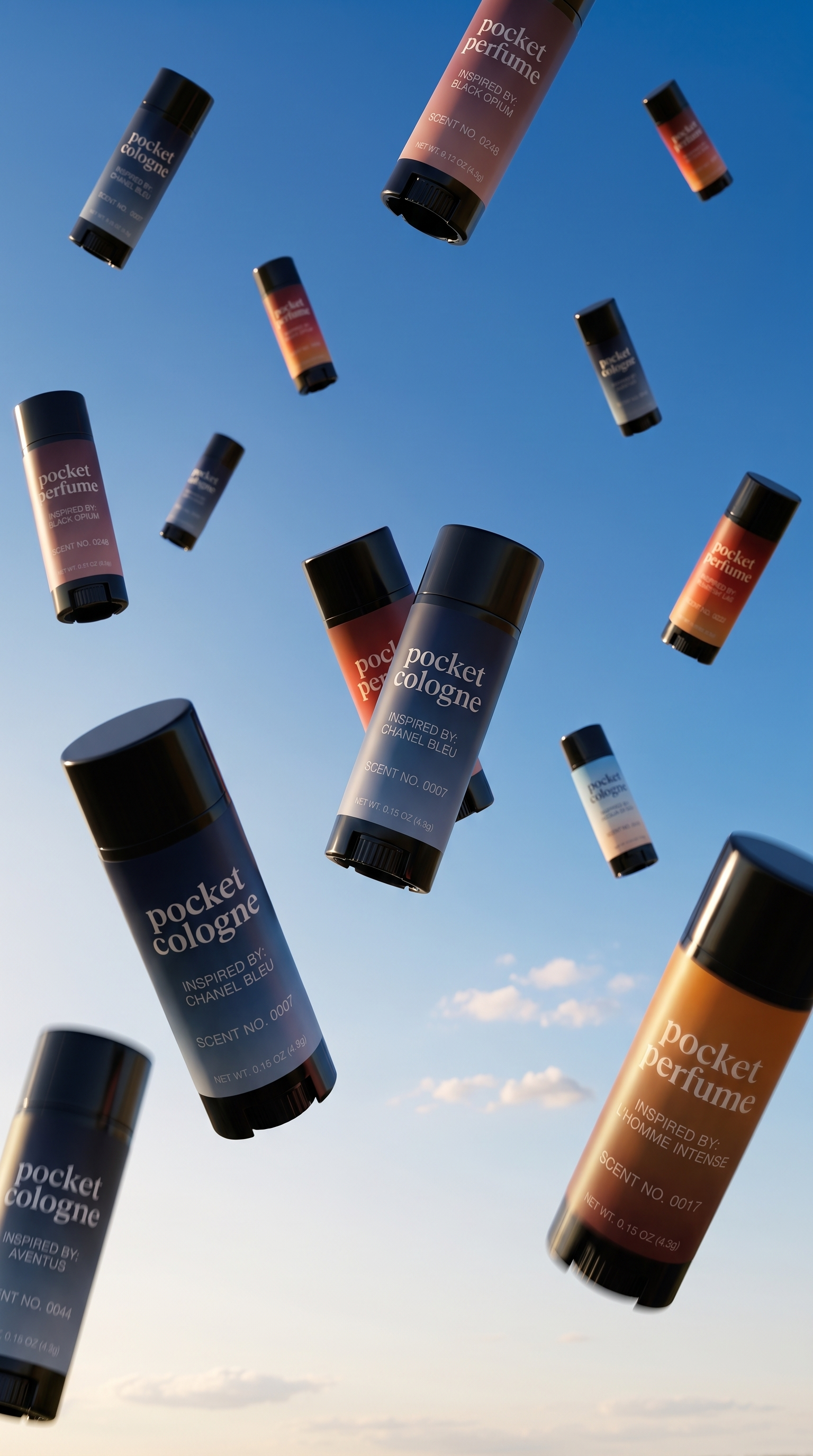 Pocket Cologne and Pocket Perfume sticks falling through a blue summer sky